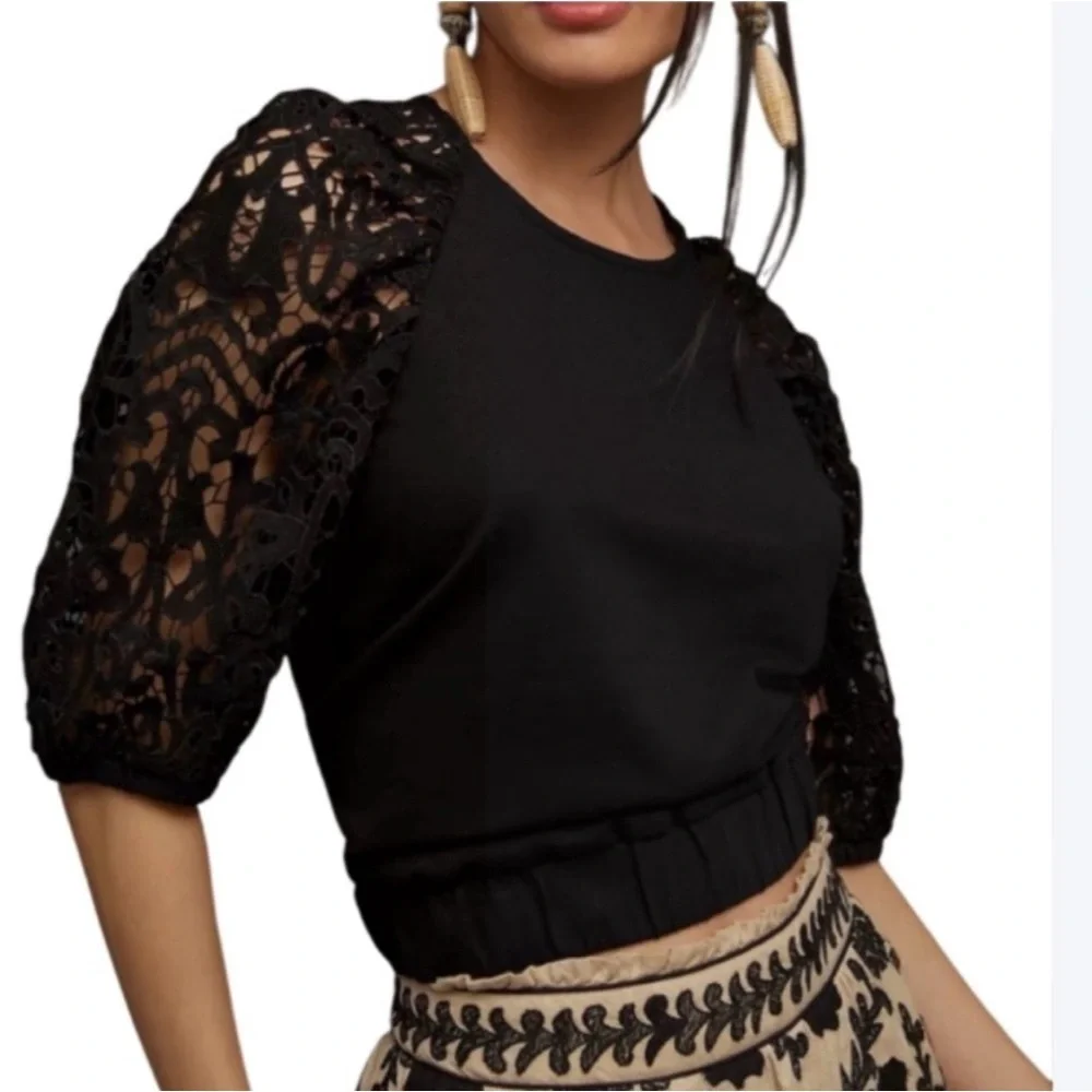 Anthropologie Dolan Black Lace balloon Sleeve Blouse L